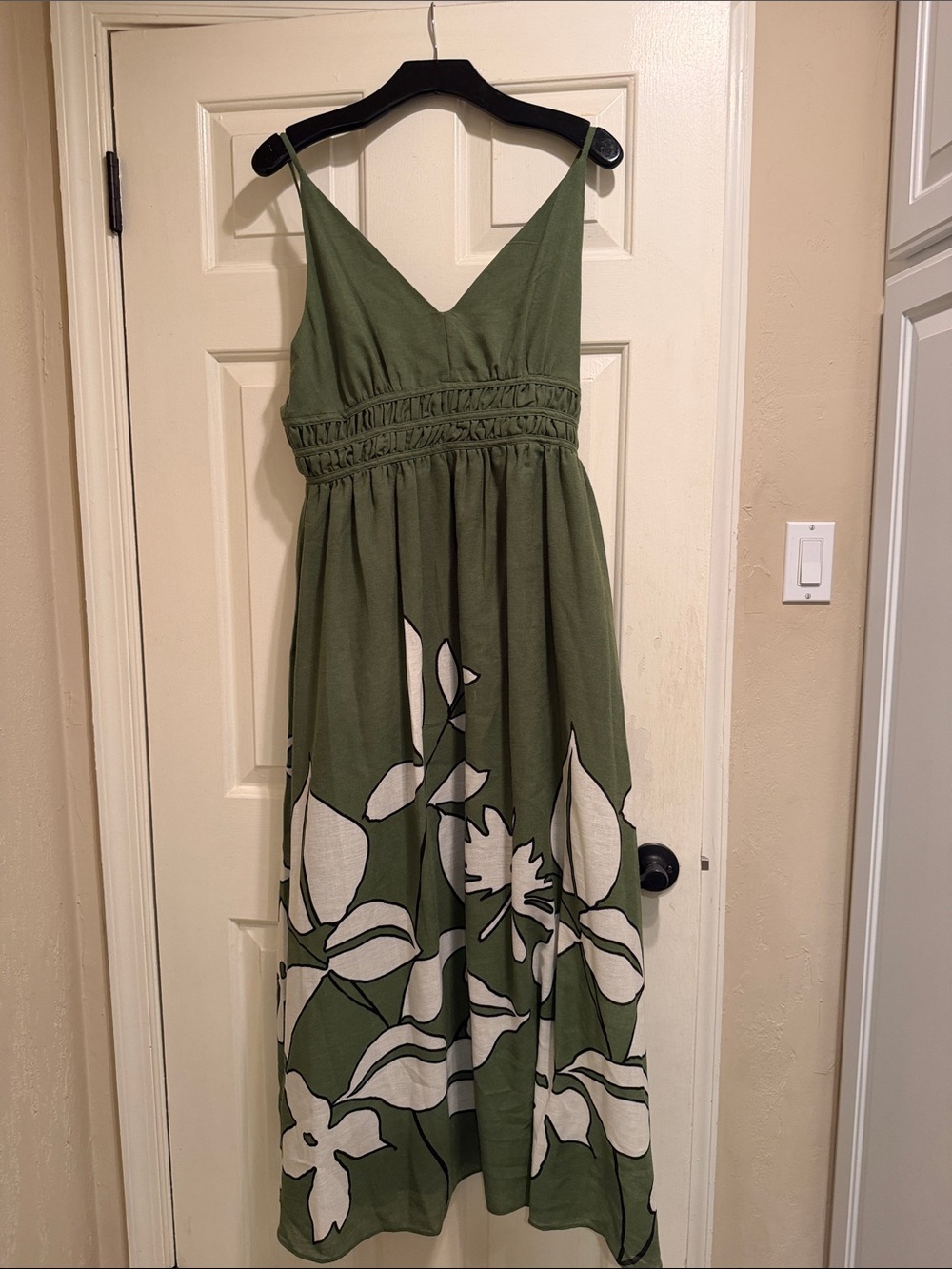 Olive Green Floral Maxi Dress with Smocked Waist